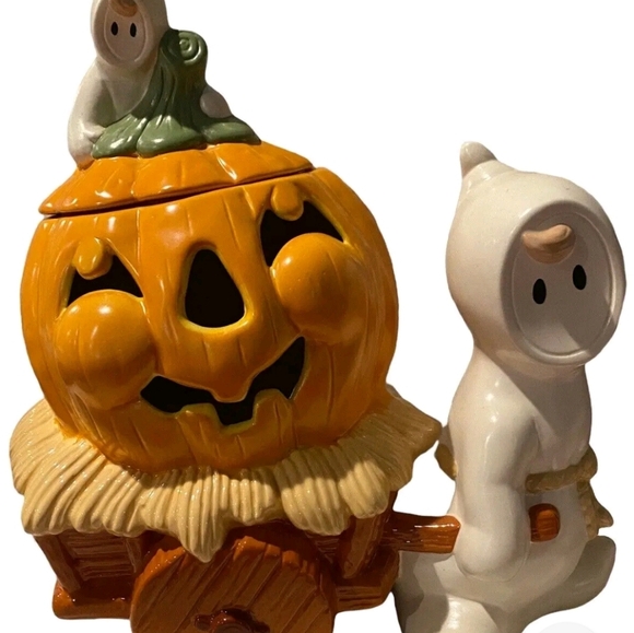 Vintage Hand painted Ceramic Pumpkin Candle Holder with Ghosts & Wagon Hay - Picture 1 of 7
